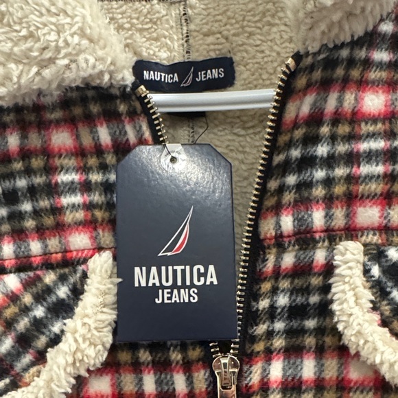 Nautica Teddy Jacket Plaid Checkered Sherpa Lined Red Black Cream Size S NWT - Picture 2 of 5